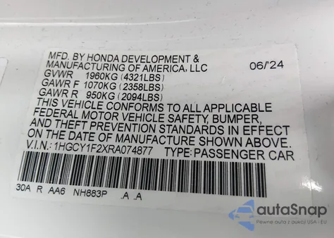 2024 Honda Accord Lx from USA, damaged, VIN 1HGCY1F2XRA074877
